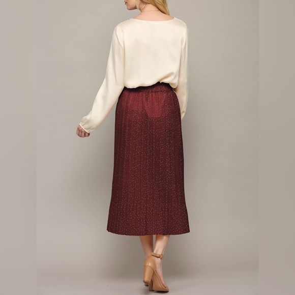 High Waist Polka Dot Pleated Midi Swing Skirt with Pockets -wine - Picture 3 of 6
